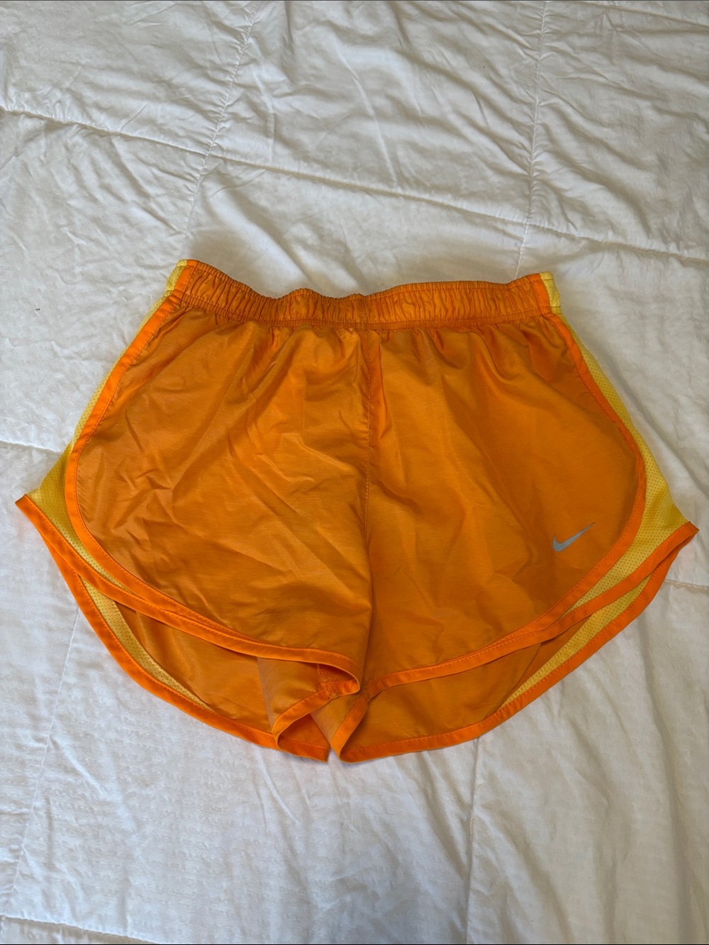 Nike Women's Bright Orange Athletic Shorts with Yellow Trim